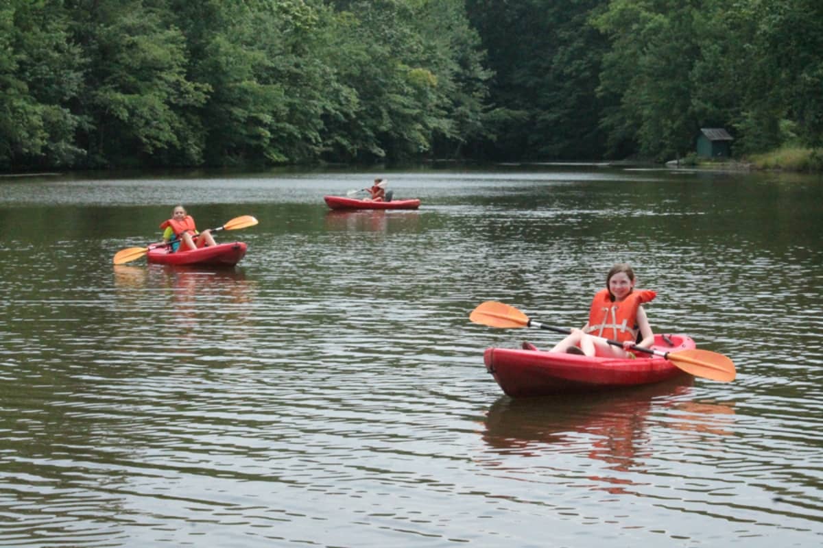 Girls kayaking in river