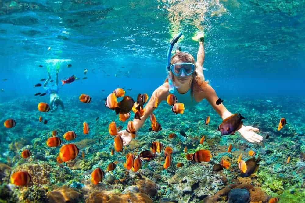 Girl snorkeling underwater with fish